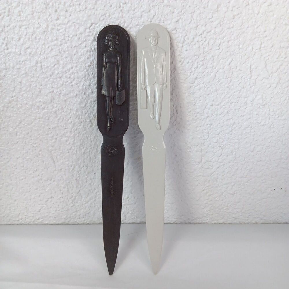 VTG Fuller Brush Company Cream Plastic Letter Opener w/ Sales Man & Sales Woman